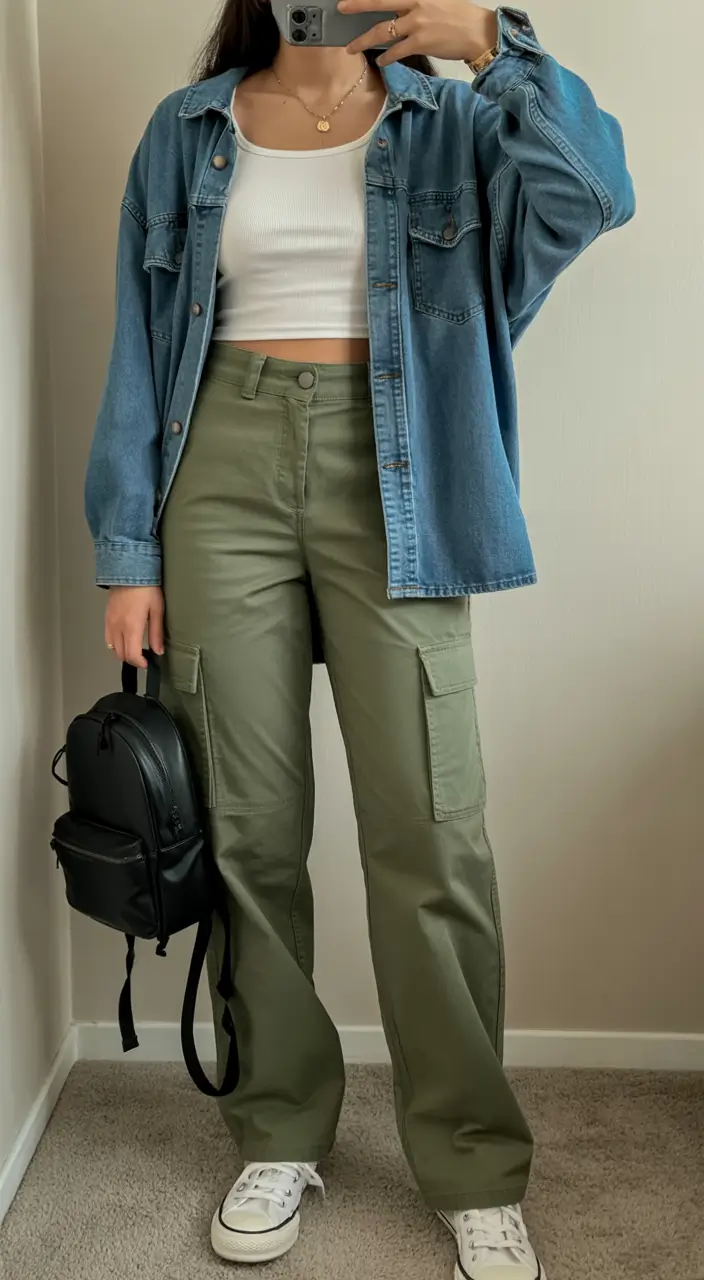 spring to summer season outfits ideas 2026 Utility Cargo Pants and Denim Layer Street Style Look