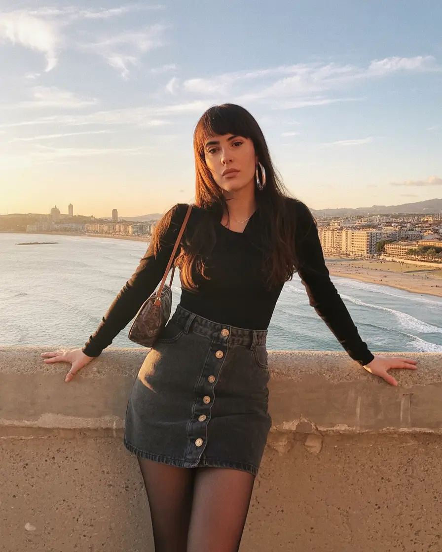 spring to summer season outfits ideas 2026 Dark Denim Mini Skirt Evening Walk Outfit