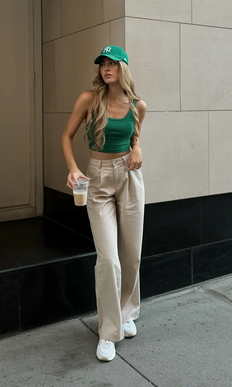 spring to summer season outfits ideas 2026 Sporty Green Tank and Relaxed Neutral Trousers