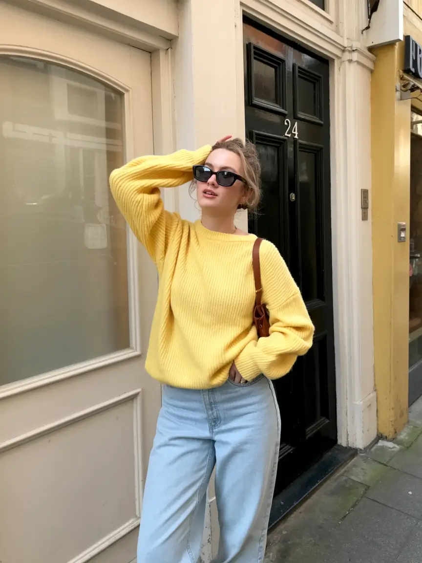 spring to summer season outfits ideas 2026 Bright Yellow Knit Sweater with Light Denim
