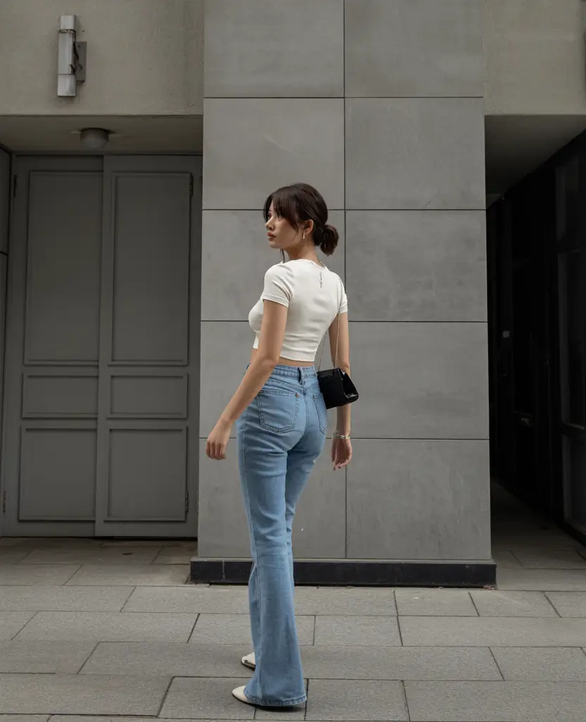 spring to summer season outfits ideas 2026 Minimal Crop Top and Classic Straight Denim