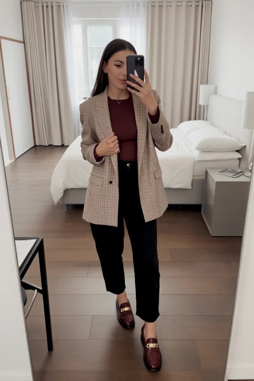 spring to summer season outfits ideas 2026 Classic Blazer and Deep Burgundy Layers for Smart Spring Days