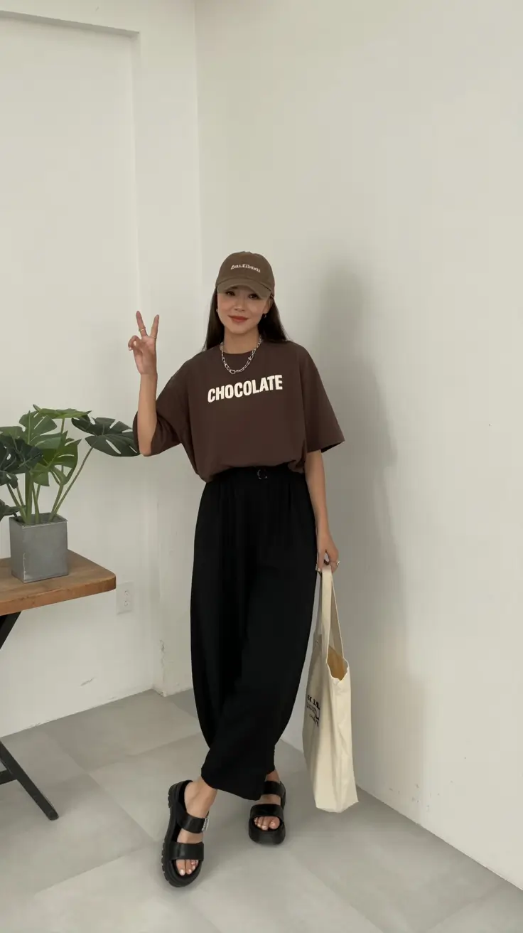 spring to summer season outfits ideas 2026 Chocolate Tee and Relaxed Black Skirt Everyday Outfit