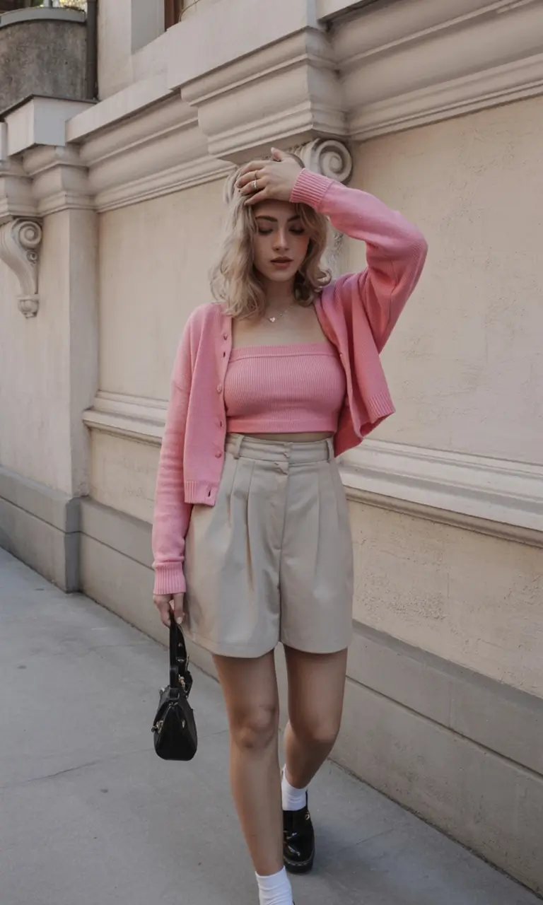 spring to summer season outfits ideas 2026 Soft Pink Cardigan and Tailored Shorts Romantic Spring Look