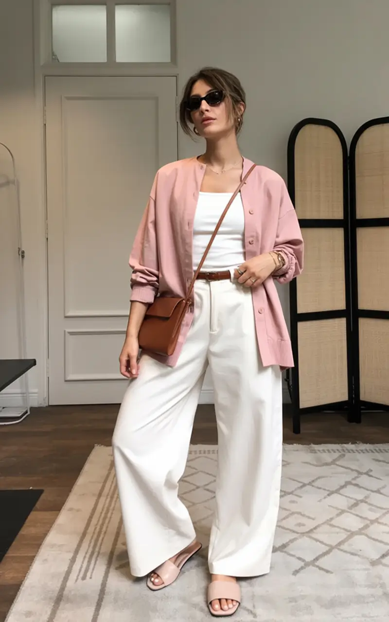 spring to summer season outfits ideas 2026 Soft Pink Cardigan and White Wide Trousers Elegant Spring Look