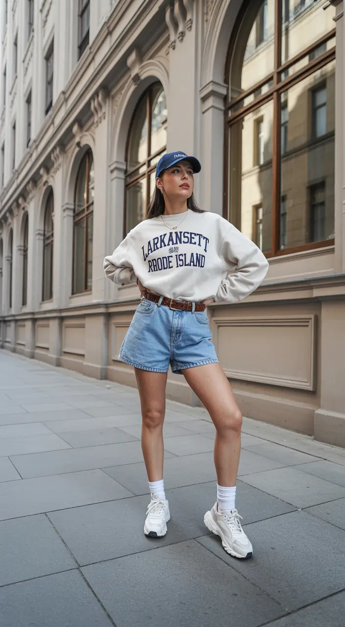 spring to summer season outfits ideas 2026 Sporty Sweatshirt and Denim Shorts Urban Casual Look