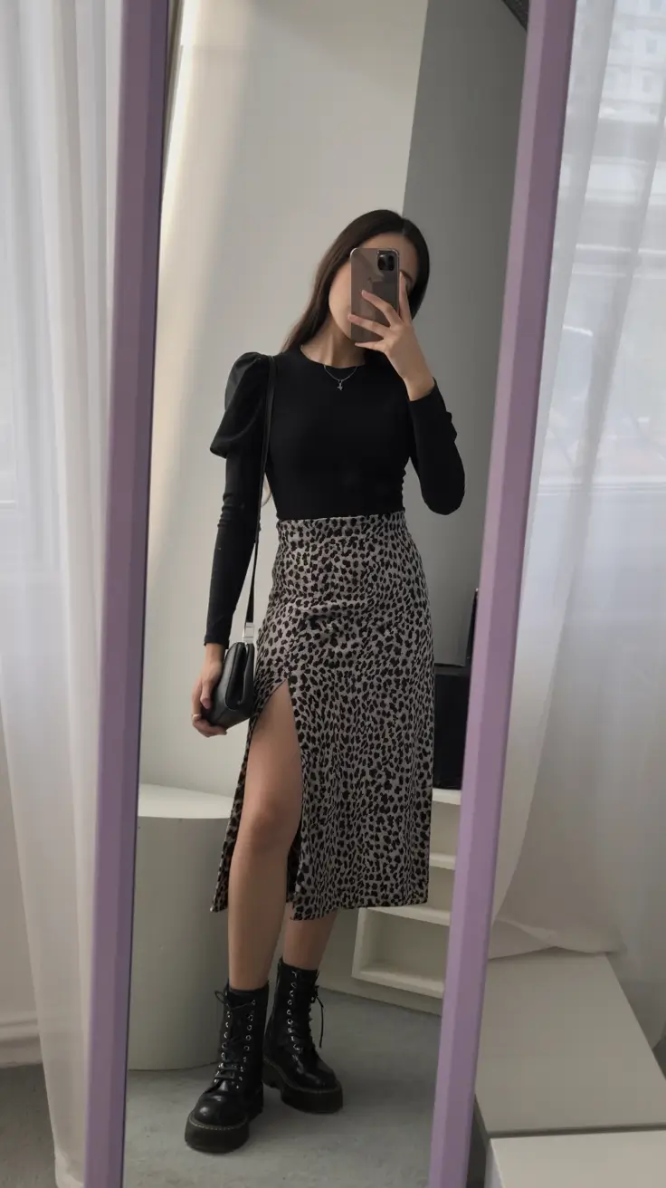 spring to summer season outfits ideas 2026 Leopard Midi Skirt with Modern Edge