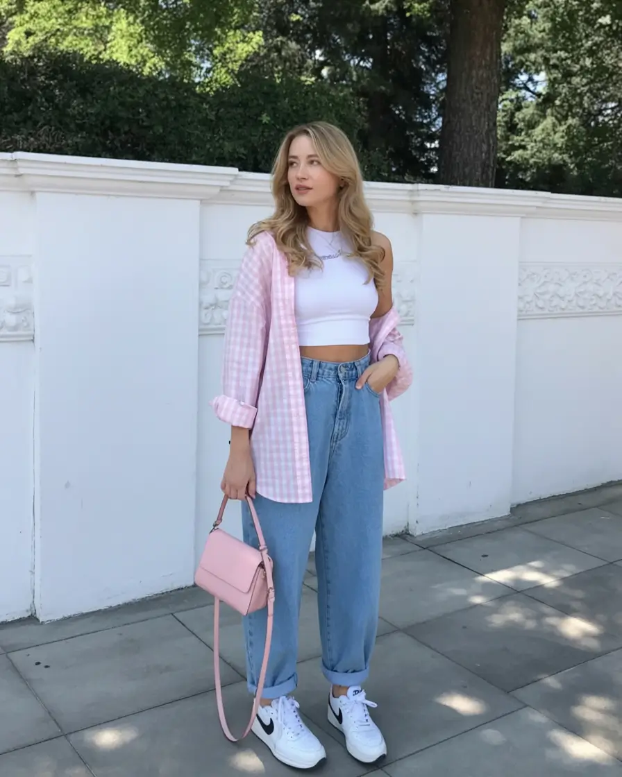spring to summer season outfits ideas 2026 Soft Pink Layering and Casual Denim Weekend Look