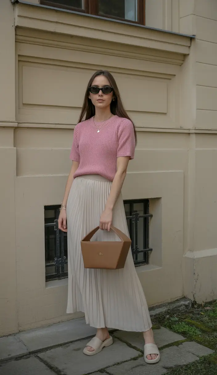 spring to summer season outfits ideas 2026 Elegant Pleated Skirt and Knit Top Soft Neutral Look