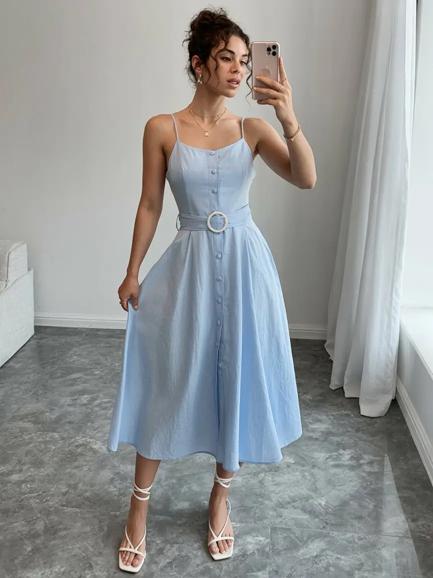 summer A-line sleeveless dresses 2026 Light blue midi with soft romantic lines