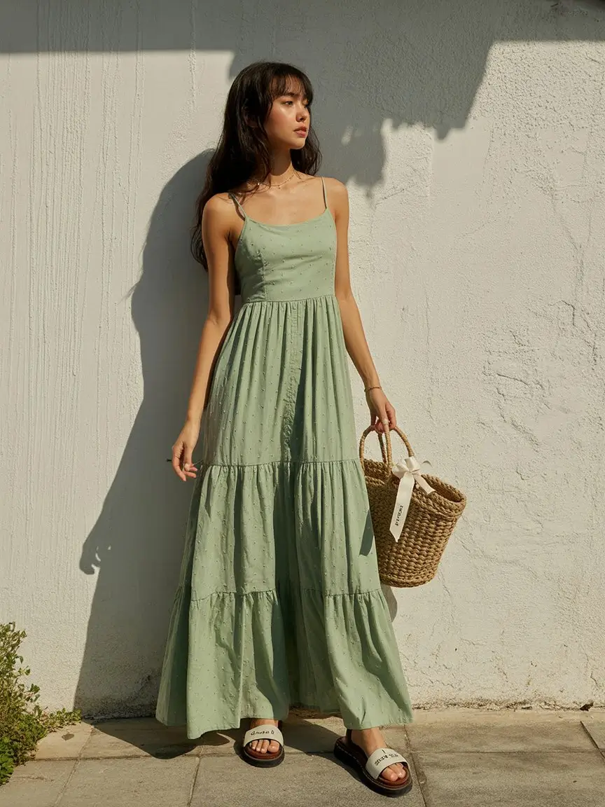 summer A-line sleeveless dresses 2026 Sage green maxi with relaxed volume