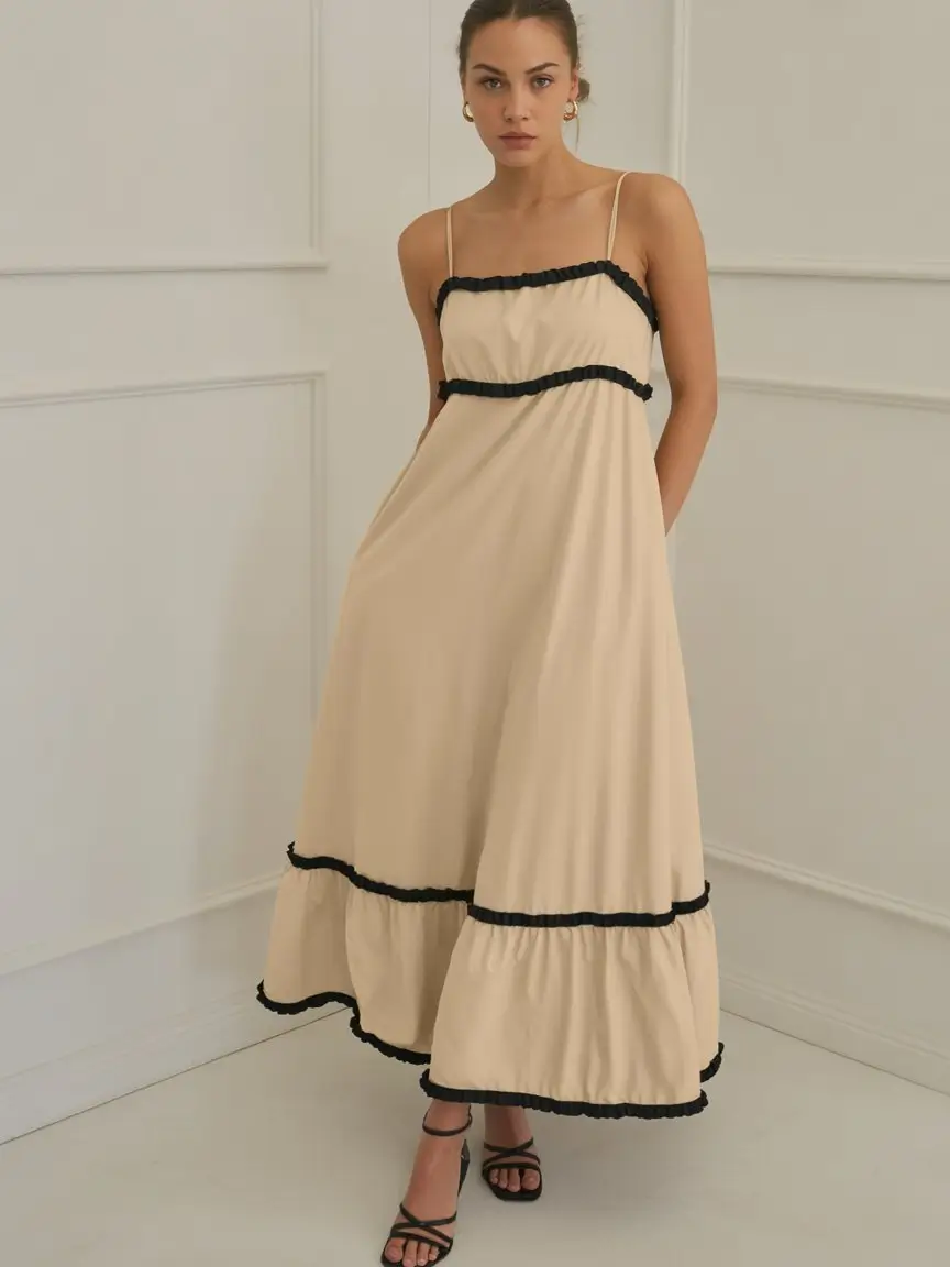 summer A-line sleeveless dresses 2026 Soft beige maxi with delicate contrast details