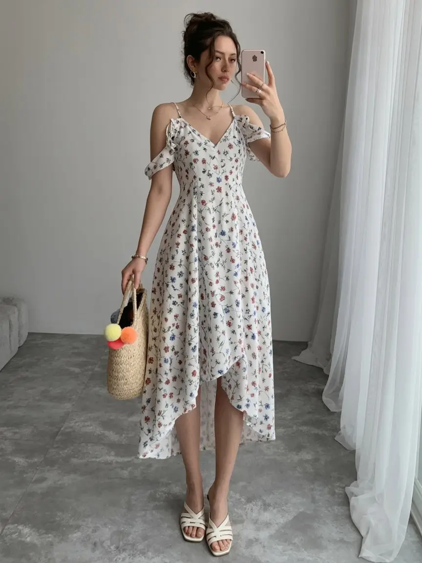 summer A-line sleeveless dresses 2026 Floral midi with romantic off shoulder accents