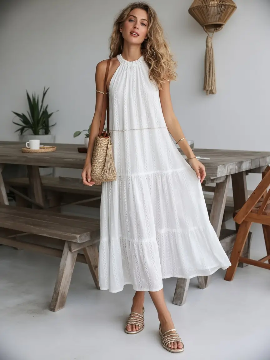 summer A-line sleeveless dresses 2026 White textured midi with effortless volume