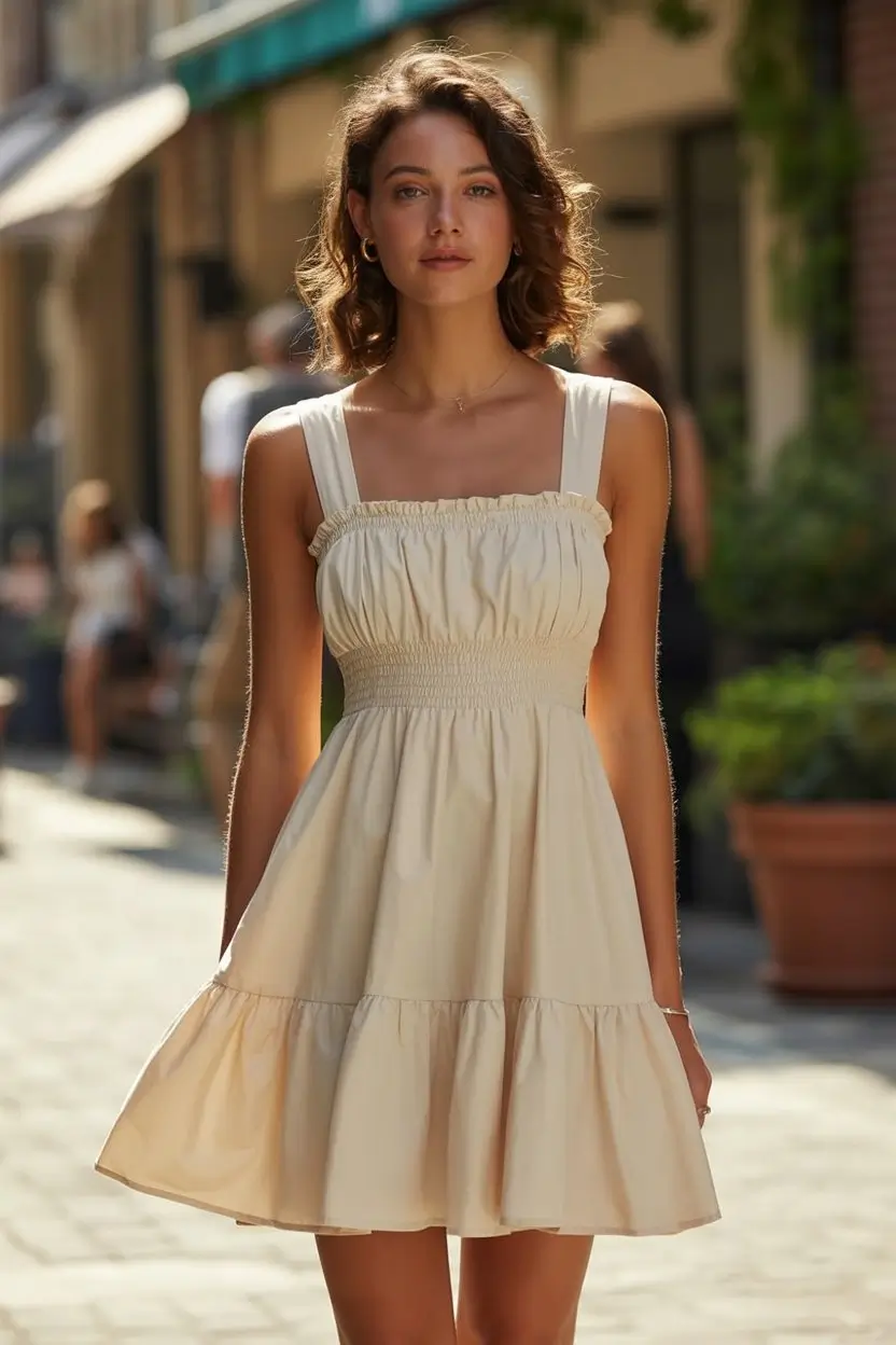 summer A-line sleeveless dresses 2026 Light beige mini with soft feminine structure