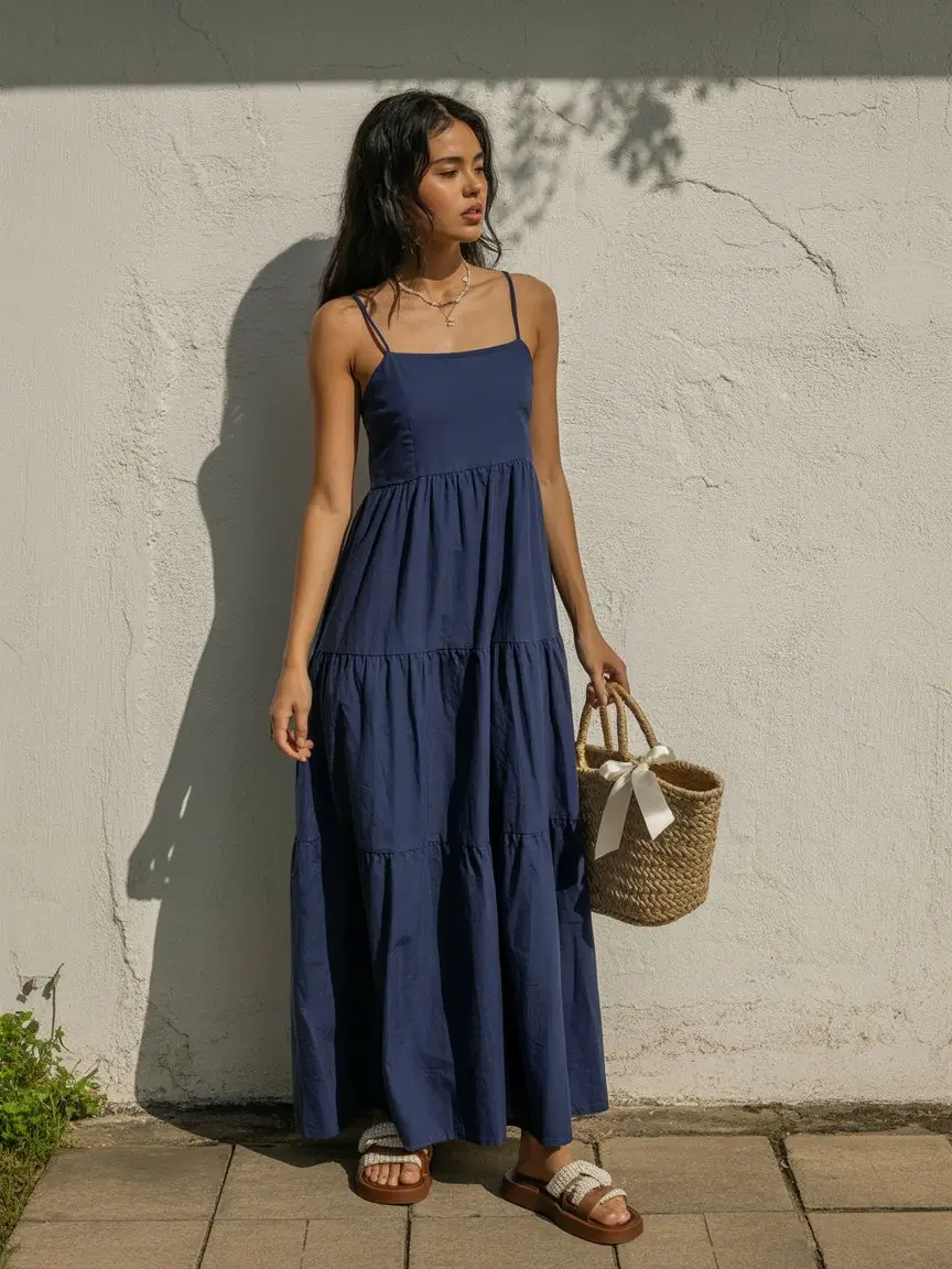 summer A-line sleeveless dresses 2026 Navy tiered maxi for effortless weekends