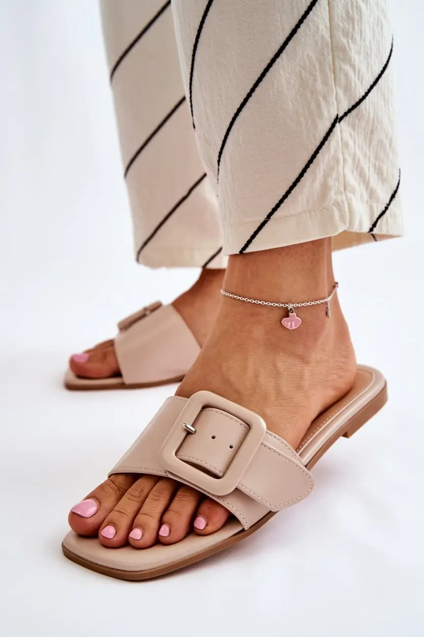 summer flip-flops for women 2026 Soft beige buckle slides and polished minimal styling