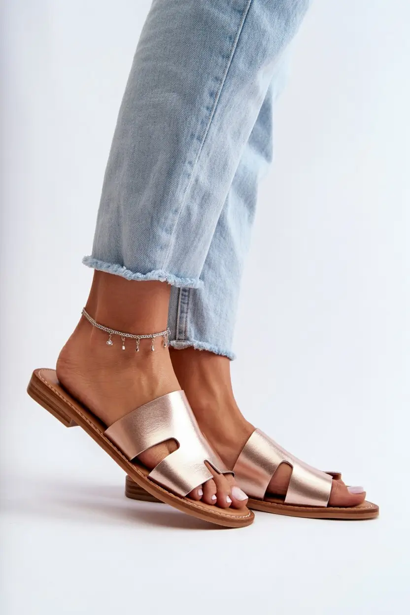 summer flip-flops for women 2026 Metallic rose gold flip flops and elevated denim moments