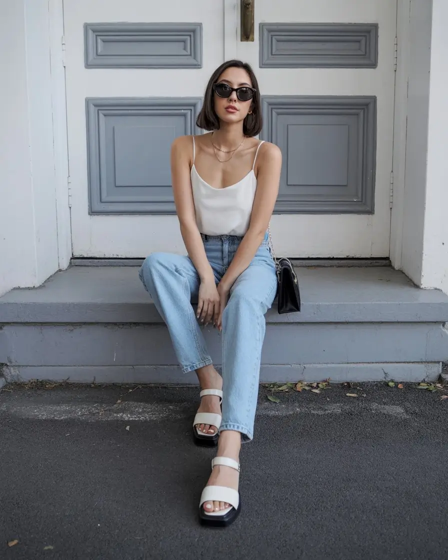 summer flip-flops for women 2026 Clean white straps with city girl denim