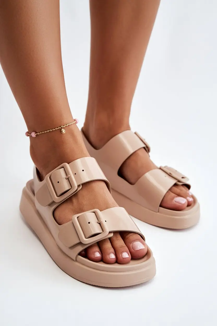 summer flip-flops for women 2026 Structured nude buckle flip flops and modern everyday wear