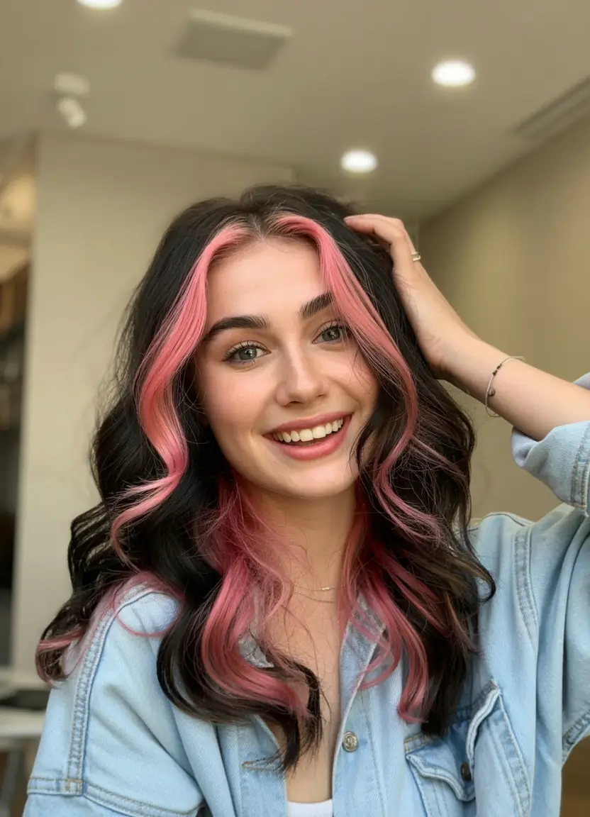 Summer hair color ideas 2026 Pink ribbon contrast that brings playful energy to dark hair