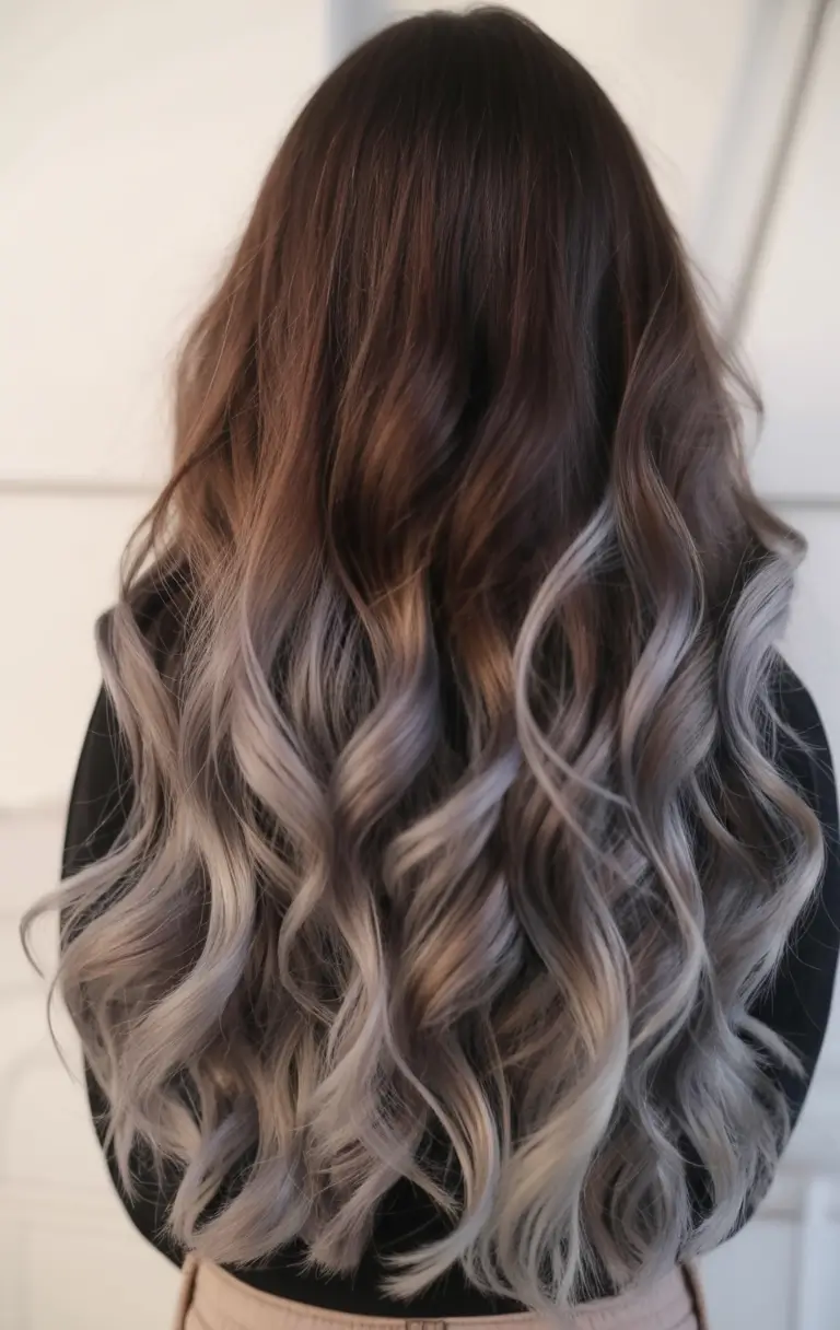 Summer hair color ideas 2026 Smoky silver ombre for modern brunette dimension