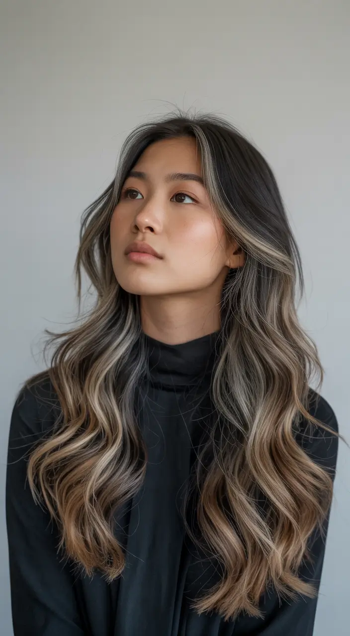 Summer hair color ideas 2026 Cool ash brunette waves with subtle silver highlights
