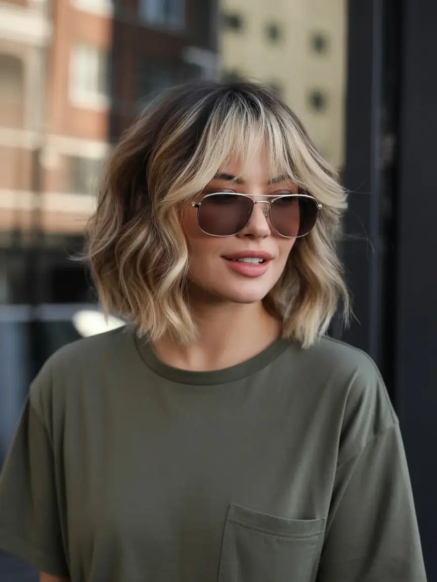 Summer hair color ideas 2026 Sunlit shaggy bob with creamy blonde contrast
