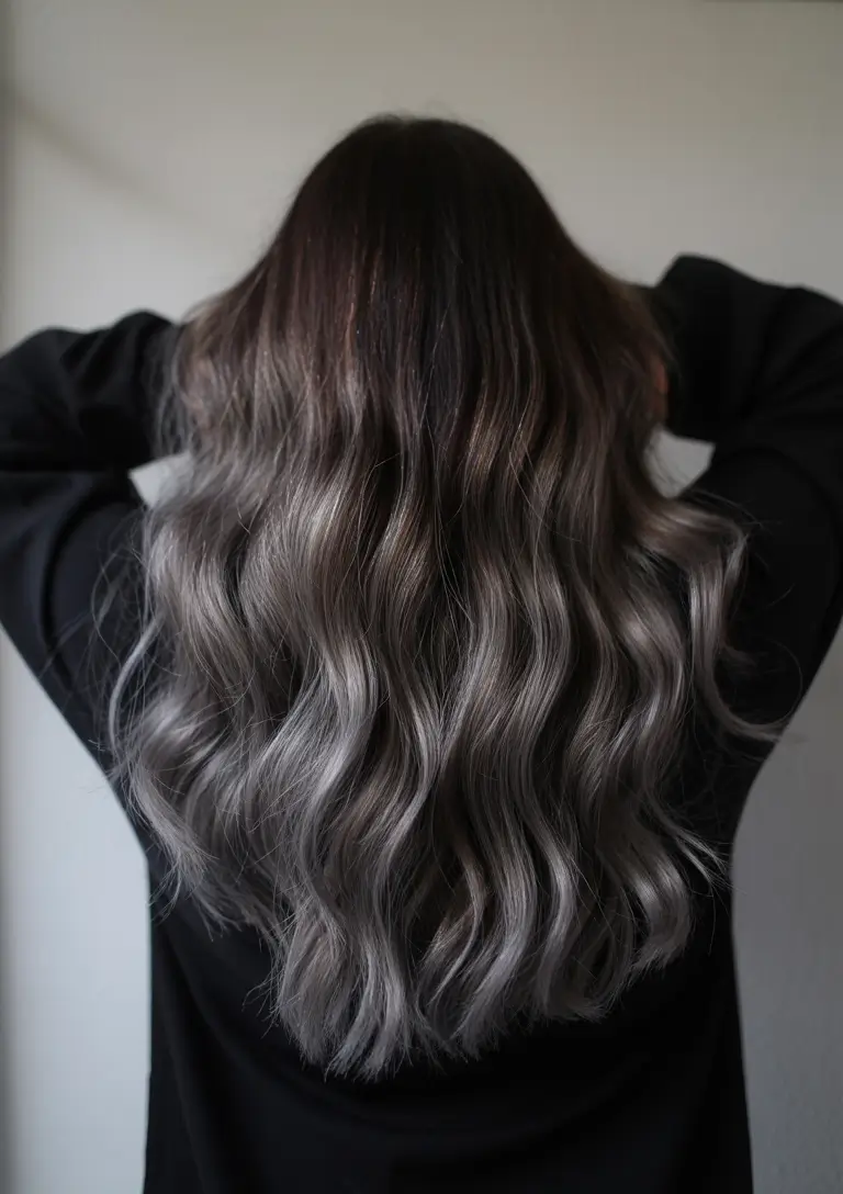 summer hair color ideas 2026 for dark hair dark base with cool gray highlights and lowlights depth
