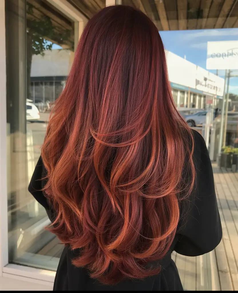 summer hair color ideas 2026 for dark hair rich copper red waves that glow in summer light