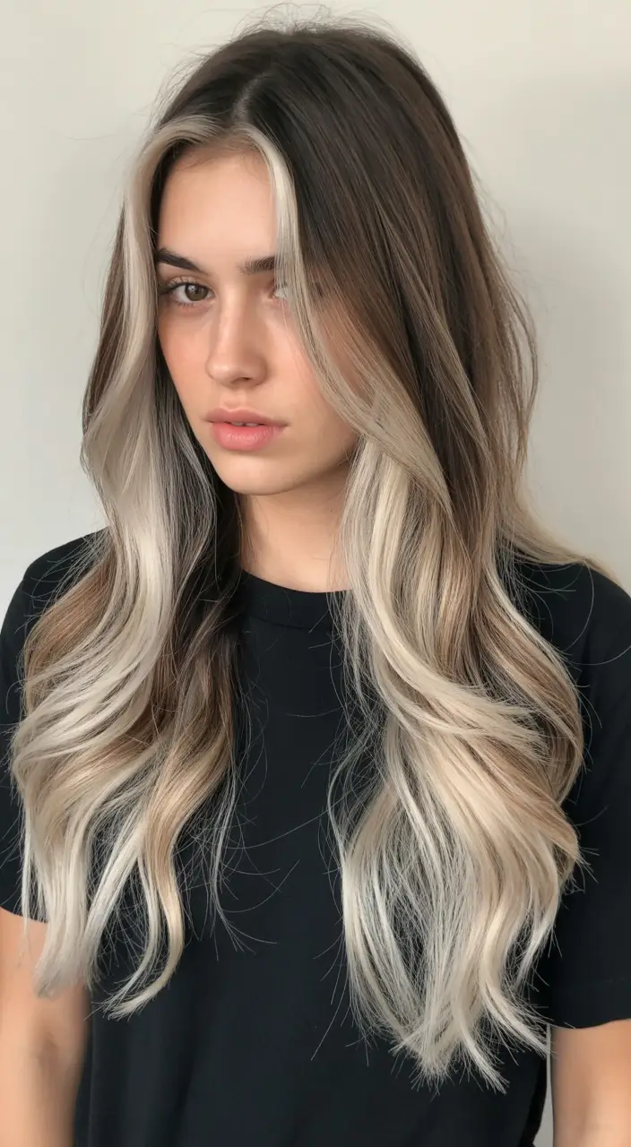 summer hair color ideas 2026 for dark hair high contrast blonde face frame with dark base drama
