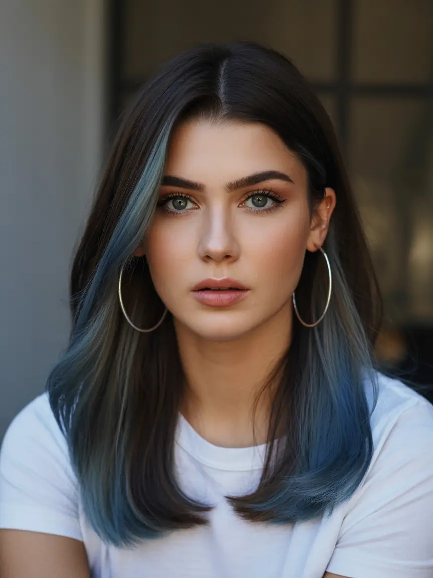 summer hair color ideas 2026 for dark hair cool blue toned accents for a modern brunette edge