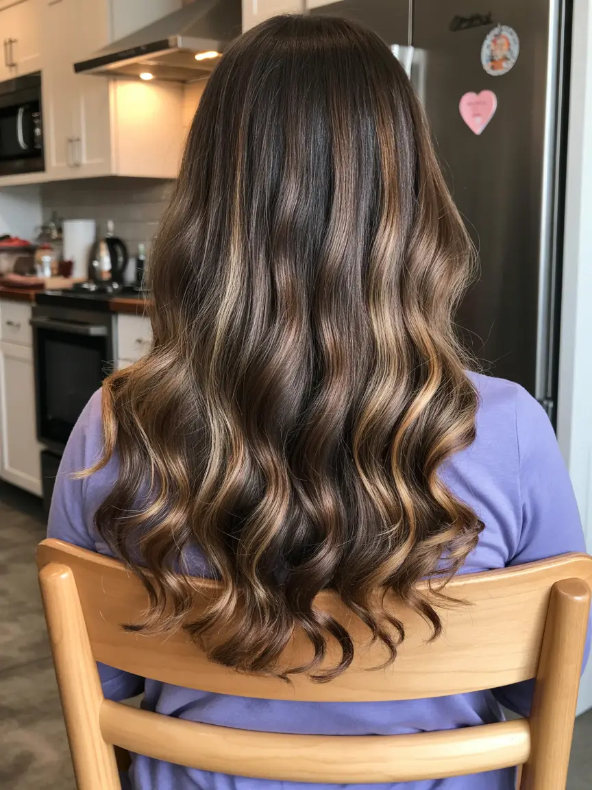 summer hair color ideas 2026 for dark hair caramel ribbon waves for a sunlit brunette effect