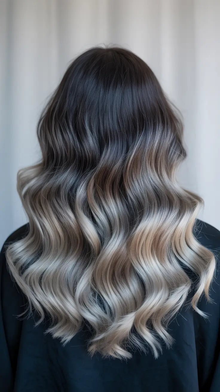 summer hair color ideas 2026 for dark hair high contrast balayage with soft blonde ends