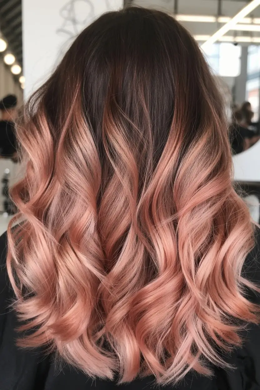 summer hair color ideas for brunettes 2026 chocolate Peach Rose Balayage on Soft Chocolate Waves