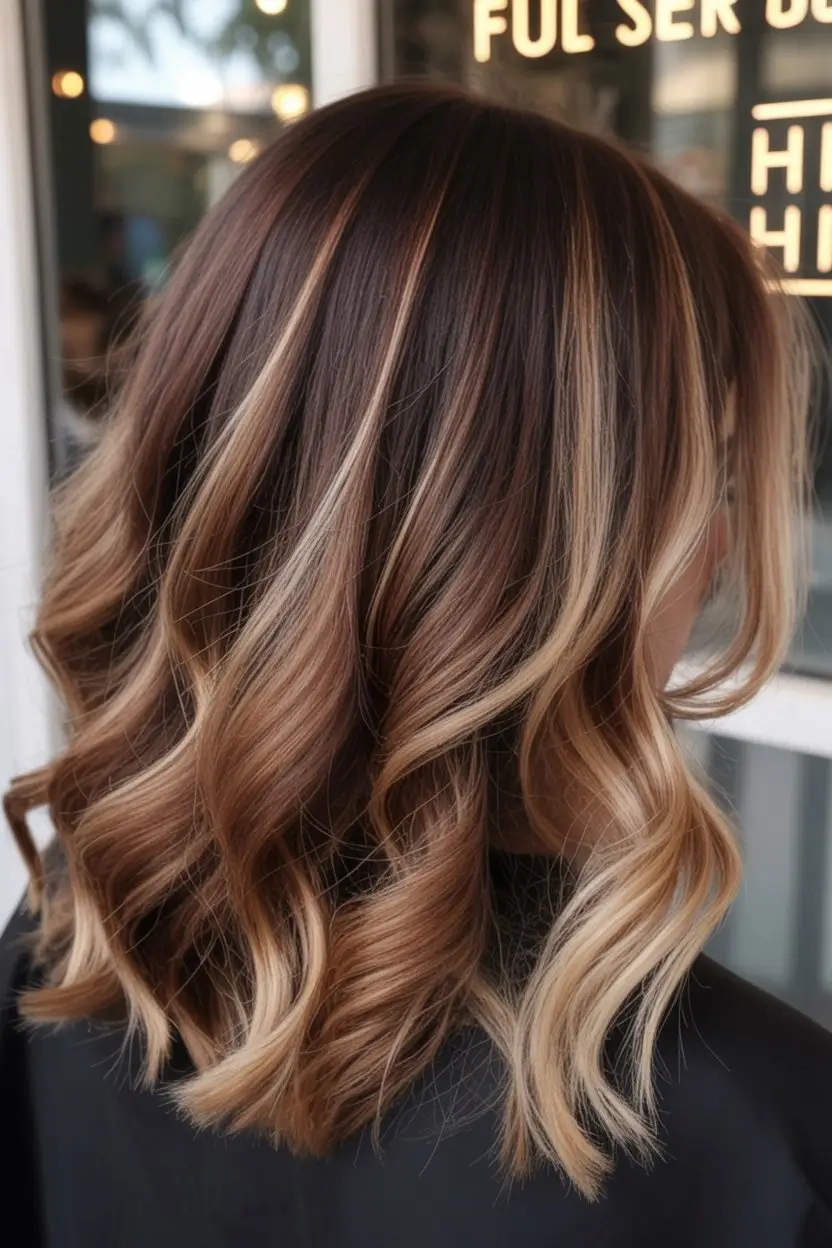 summer hair color ideas for brunettes 2026 chocolate Golden Ribbon Highlights on a Soft Layered Lob