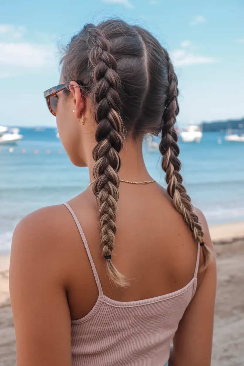 summer hairstyles for swimming 2026 classic double braids beach