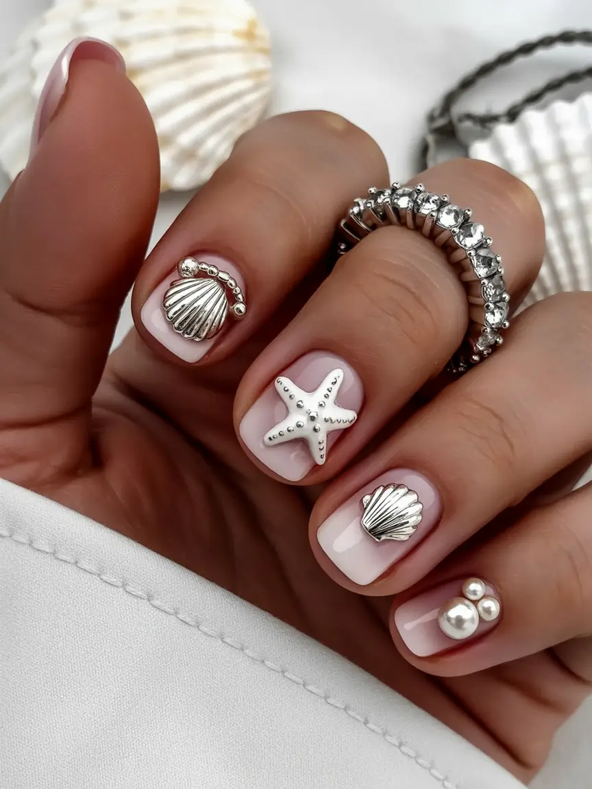 summer nail art ideas 2026 ocean theme Minimal pearl and shell embellishments on milky base
