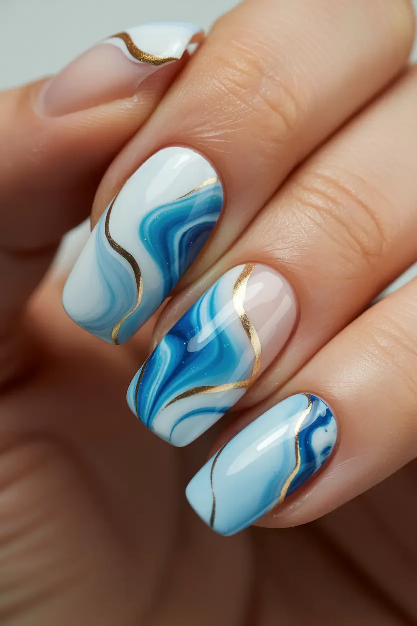 summer nail art ideas 2026 ocean theme Blue marble waves with gold accents on square nails