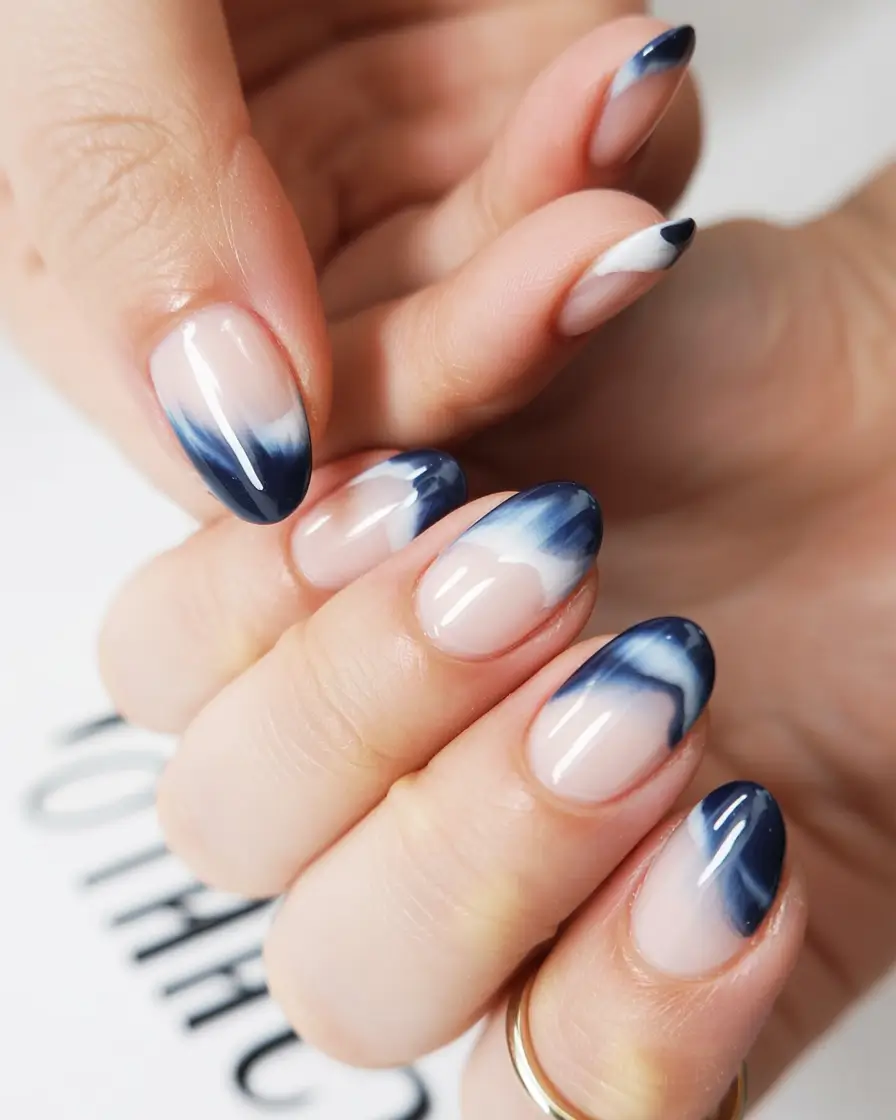 summer nail art ideas 2026 ocean theme Soft navy gradient waves on natural almond nails