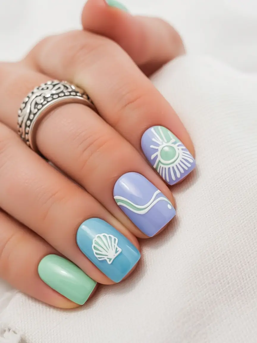 summer nail art ideas 2026 ocean theme Pastel sea palette with minimal shell and sun details