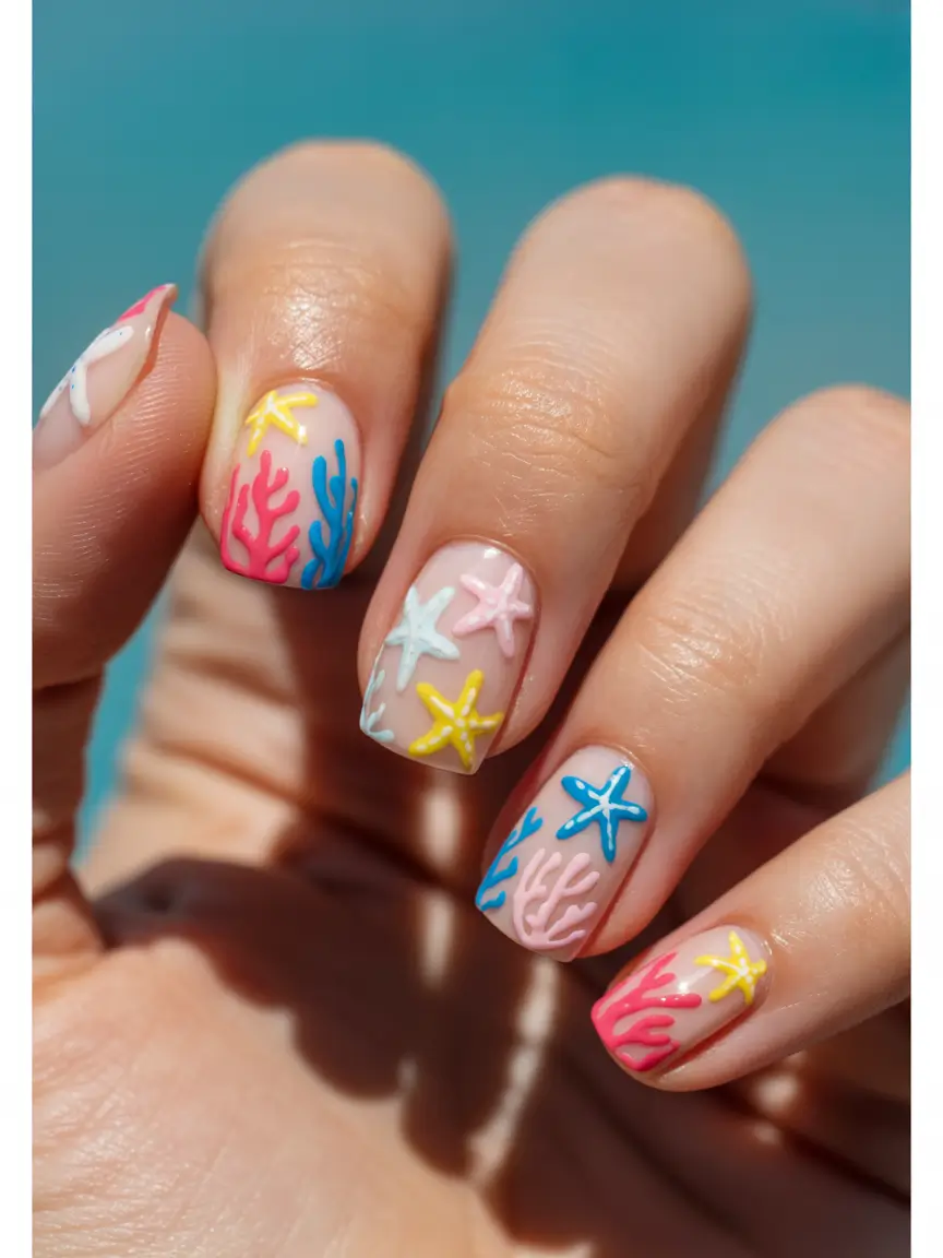 summer nail art ideas 2026 ocean theme Colorful coral reef inspired nail art