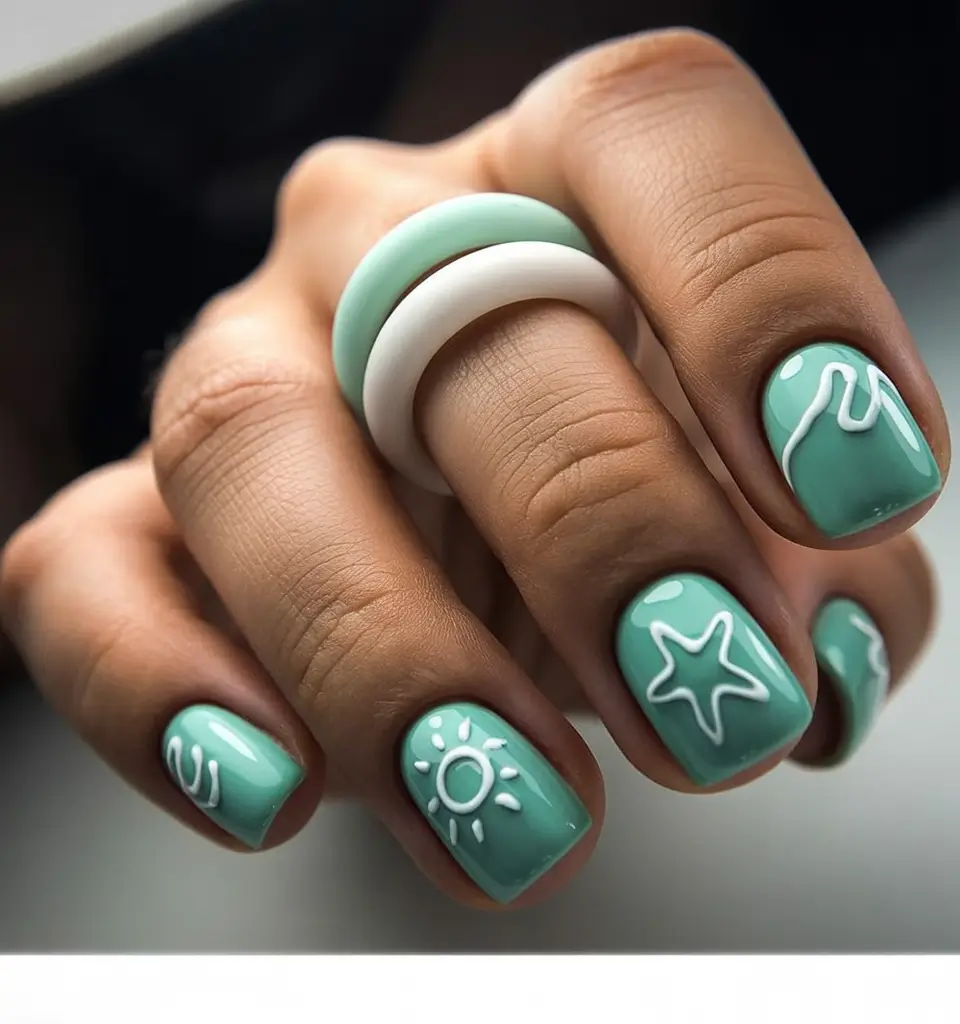 summer nail art ideas 2026 ocean theme Glossy green sea tones with minimal white symbols