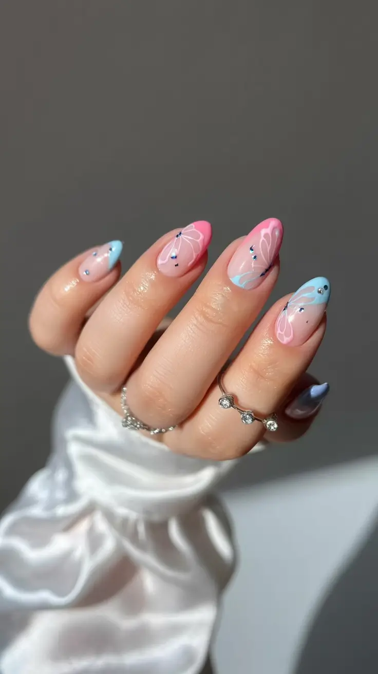 summer nail art ideas 2026 ocean theme Soft pink and blue abstract ocean blend