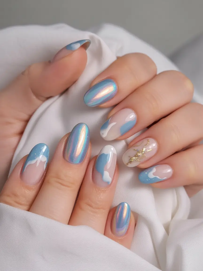 summer nail art ideas 2026 ocean theme Iridescent sea glaze with soft wave patterns