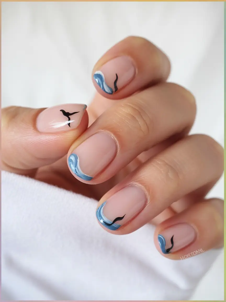 summer nail art ideas 2026 ocean theme Minimal nude base with tiny wave accents