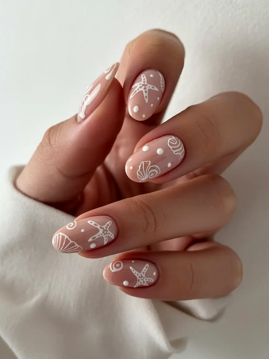 summer nail art ideas 2026 ocean theme Delicate seashell sketches on sheer nude base