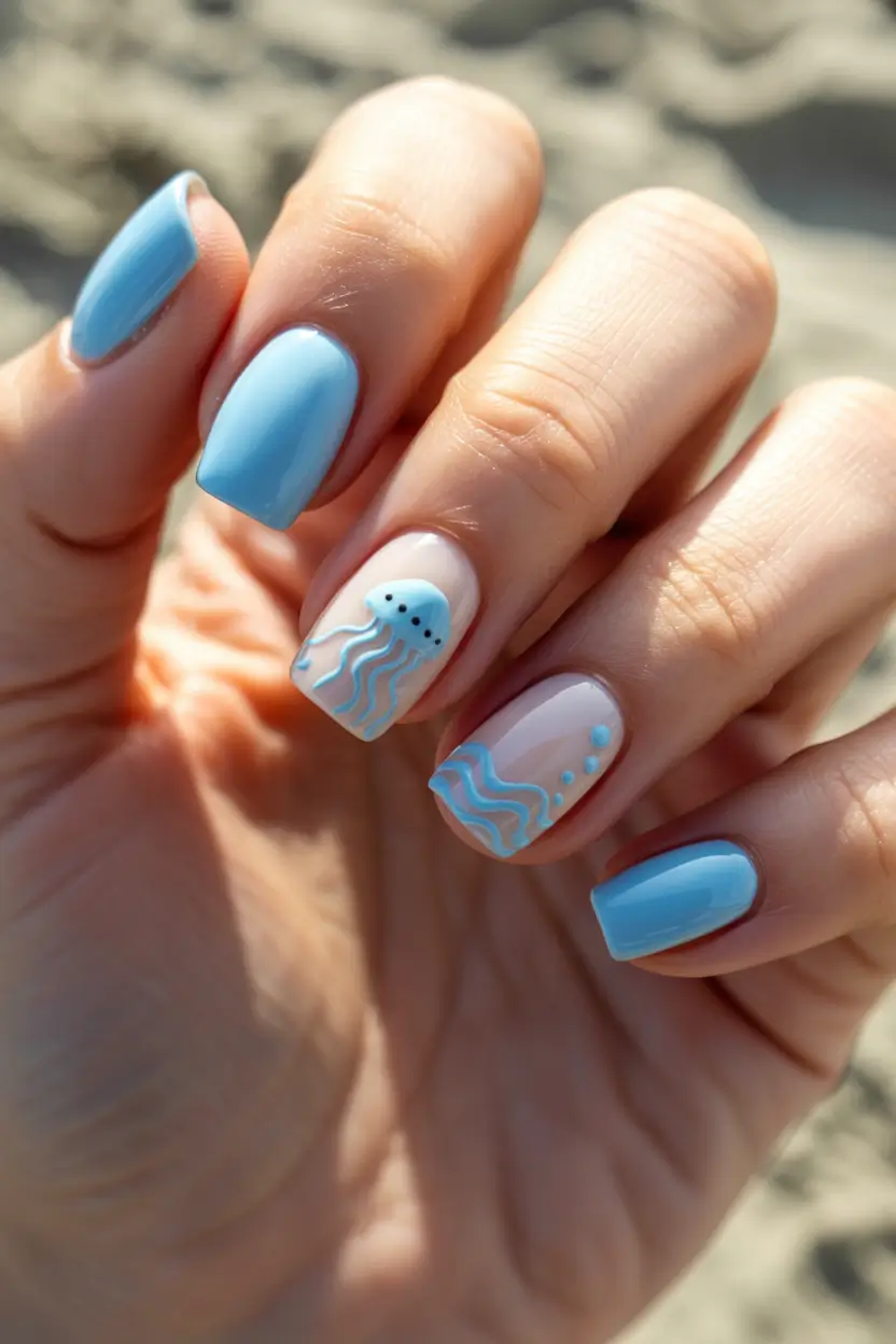 summer nail art ideas 2026 ocean theme Playful jellyfish accents on soft blue square nails
