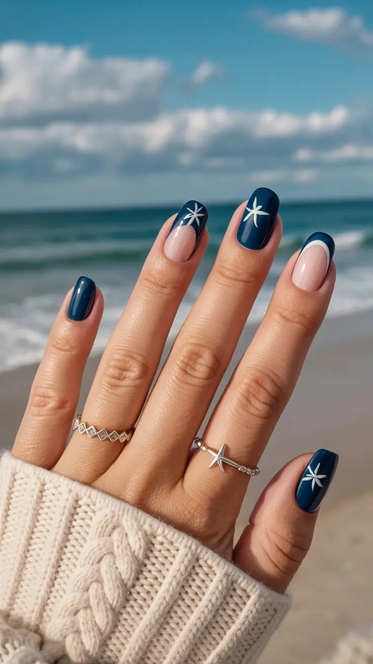 summer nail art ideas 2026 ocean theme Deep navy coastal stars with glossy finish