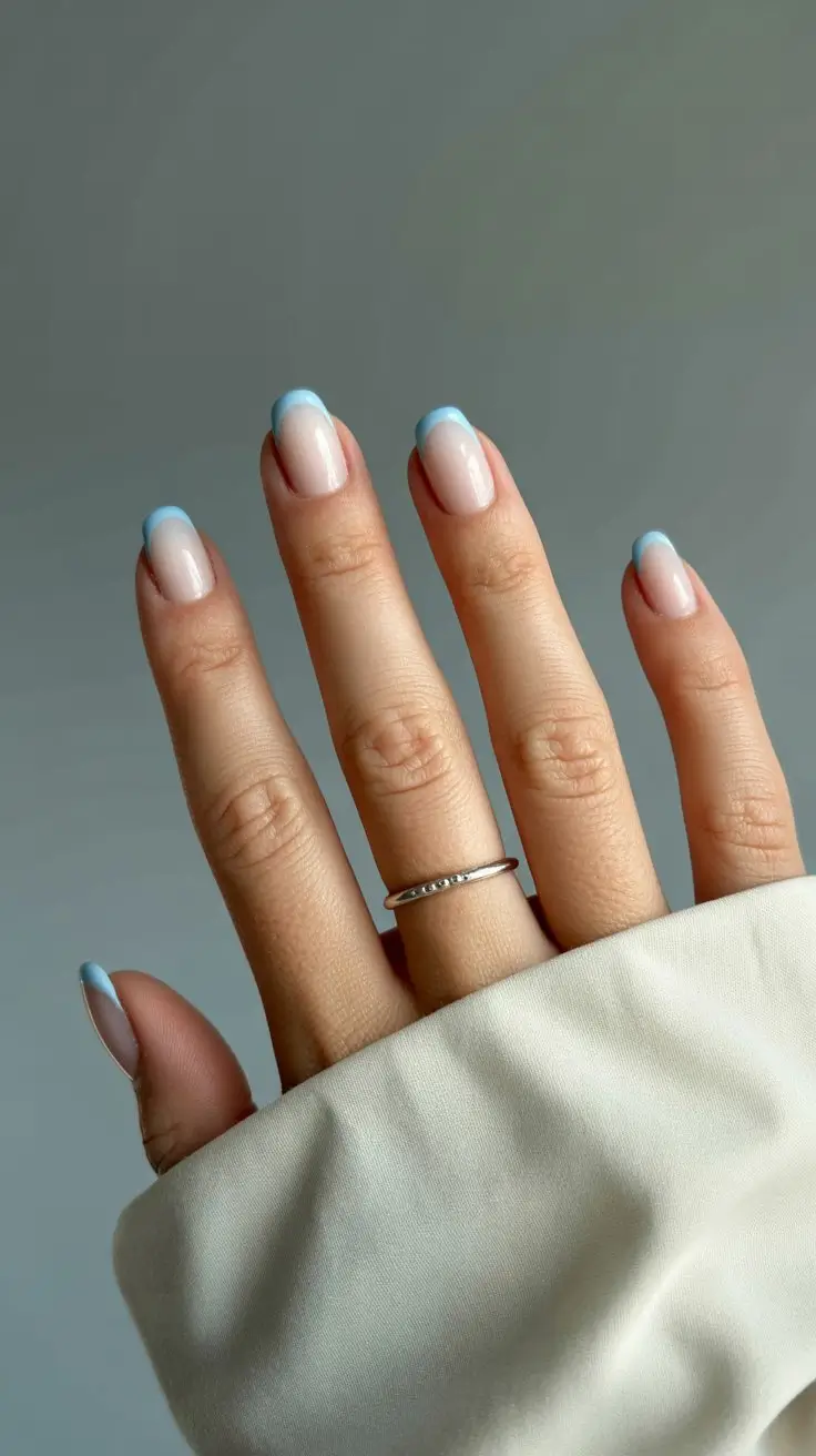 summer nail colors ideas 2026 gradient Minimal Blue French Gradient on Short Nails